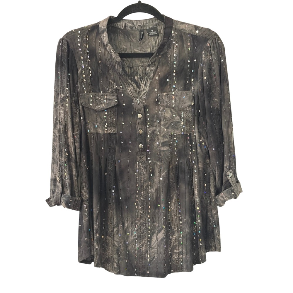 New Directions Woman 1X Blouse Charcoal Grey Acid Wash Sequin 3/4 Sleeve Top